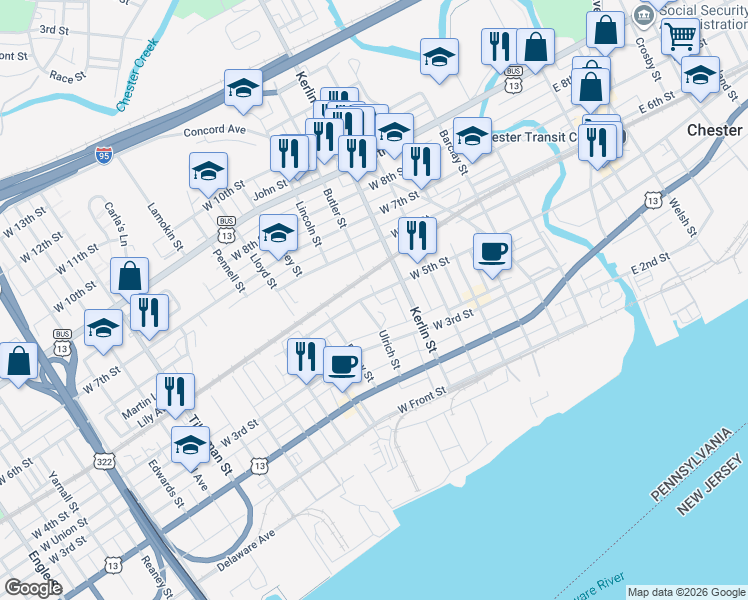 map of restaurants, bars, coffee shops, grocery stores, and more near 726-728 West 5th Street in Chester