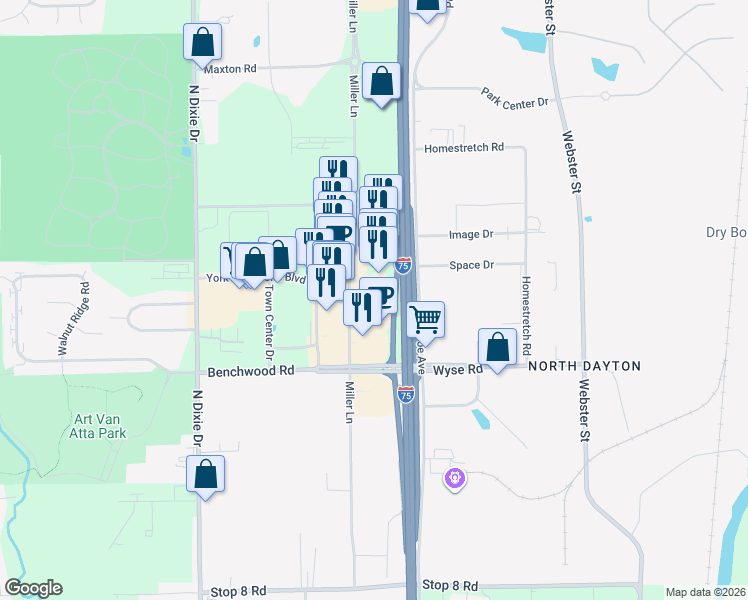 map of restaurants, bars, coffee shops, grocery stores, and more near 6722 Miller Lane in Dayton