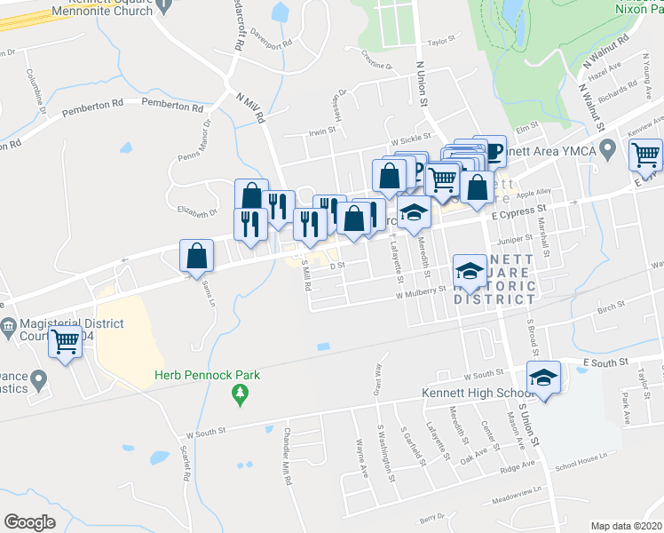 map of restaurants, bars, coffee shops, grocery stores, and more near 626 D Street in Kennett Square