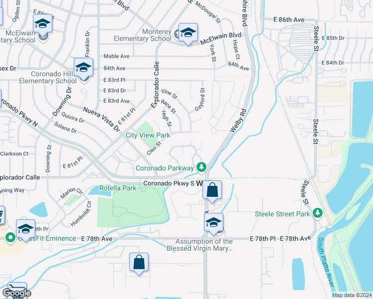 map of restaurants, bars, coffee shops, grocery stores, and more near 2249 Coronado Parkway North in Thornton