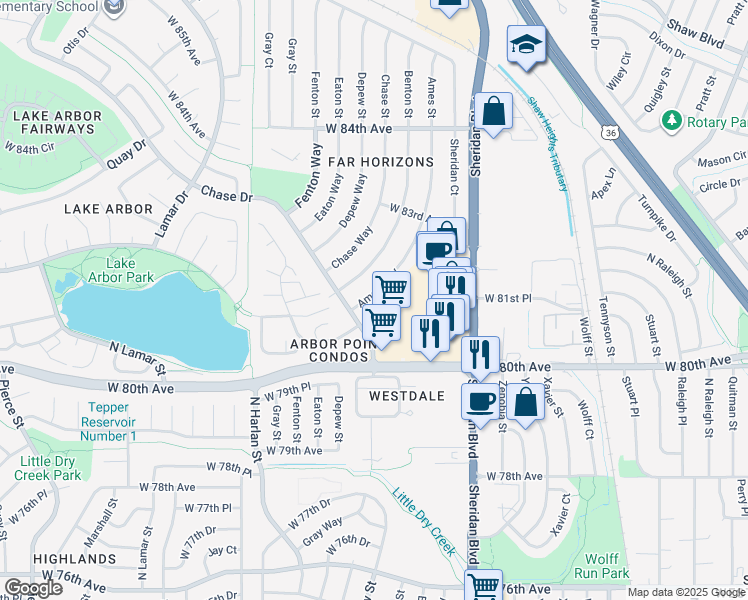map of restaurants, bars, coffee shops, grocery stores, and more near 5357 West 81st Place in Arvada