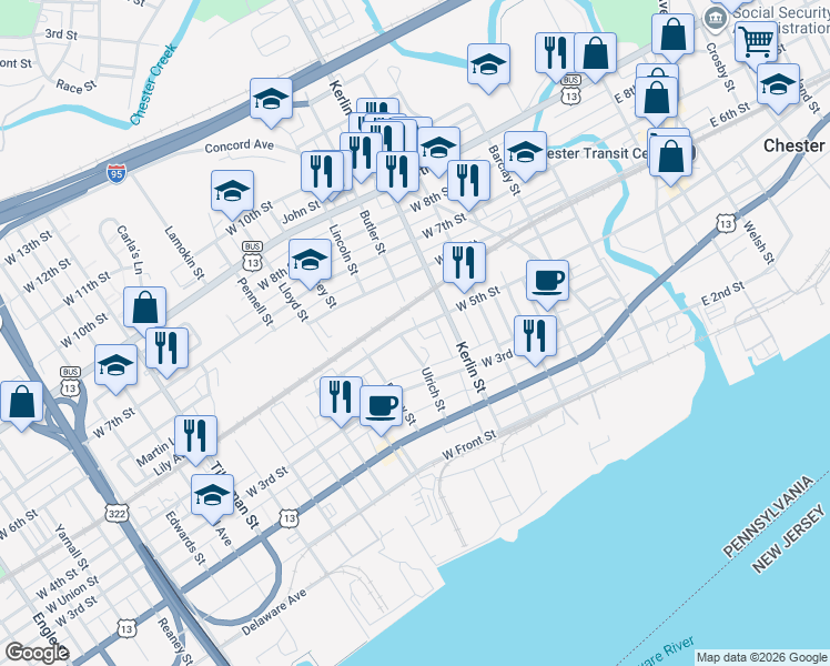 map of restaurants, bars, coffee shops, grocery stores, and more near 726-728 West 5th Street in Chester