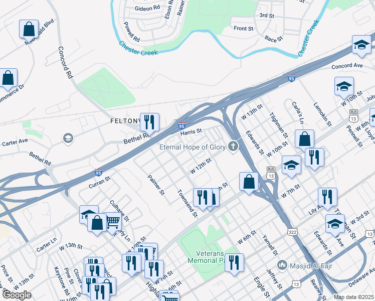 map of restaurants, bars, coffee shops, grocery stores, and more near 2100 Thomas Street in Chester