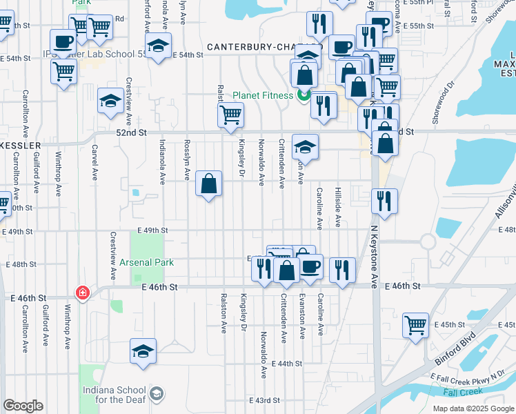 map of restaurants, bars, coffee shops, grocery stores, and more near 4953 Kingsley Drive in Indianapolis