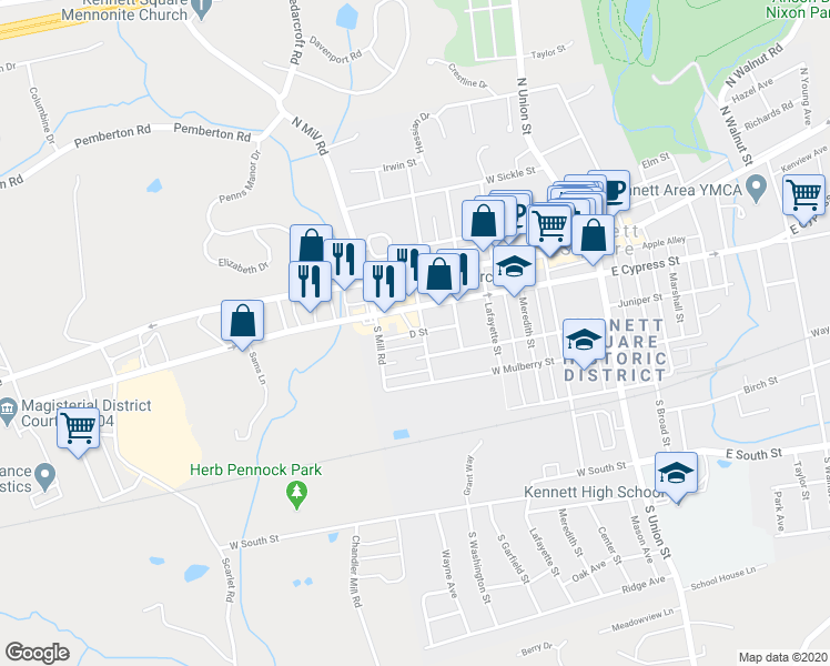 map of restaurants, bars, coffee shops, grocery stores, and more near 618 D Street in Kennett Square