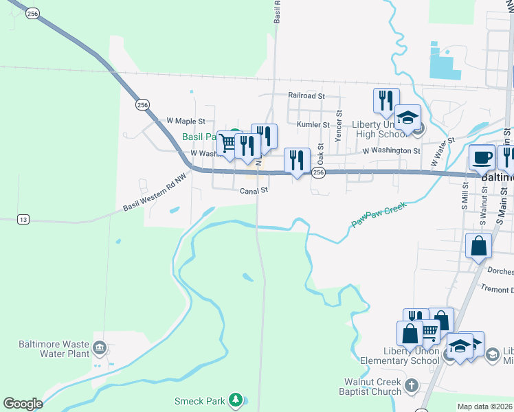map of restaurants, bars, coffee shops, grocery stores, and more near 201 South Basil Street in Baltimore
