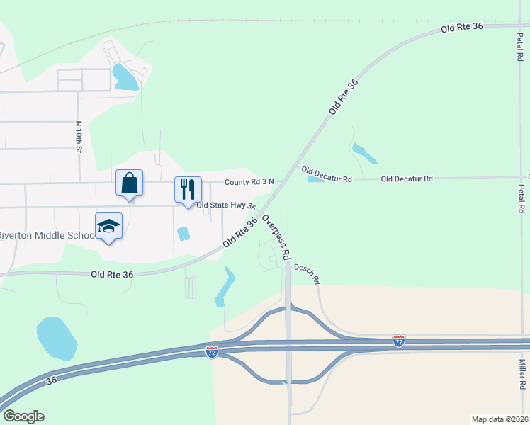 map of restaurants, bars, coffee shops, grocery stores, and more near 6900 Old Route 36 in Riverton
