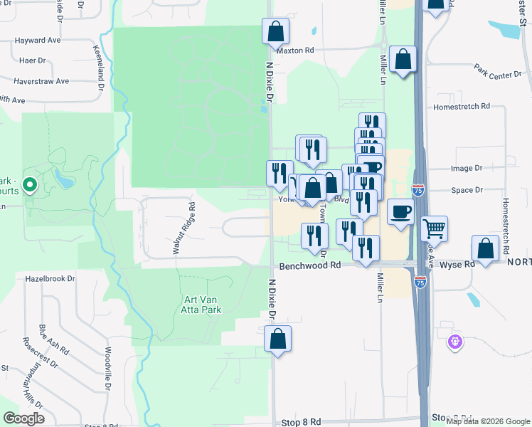 map of restaurants, bars, coffee shops, grocery stores, and more near 1933 North Sunny Ridge Road in Dayton