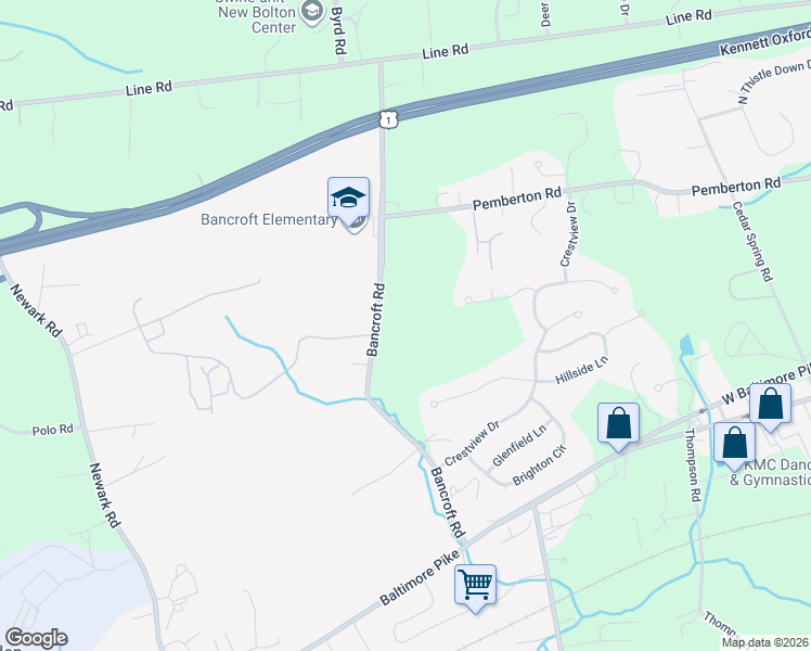 map of restaurants, bars, coffee shops, grocery stores, and more near 162 Bancroft Road in Kennett Square