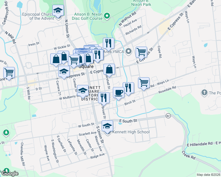 map of restaurants, bars, coffee shops, grocery stores, and more near 335 Marshall Street in Kennett Square