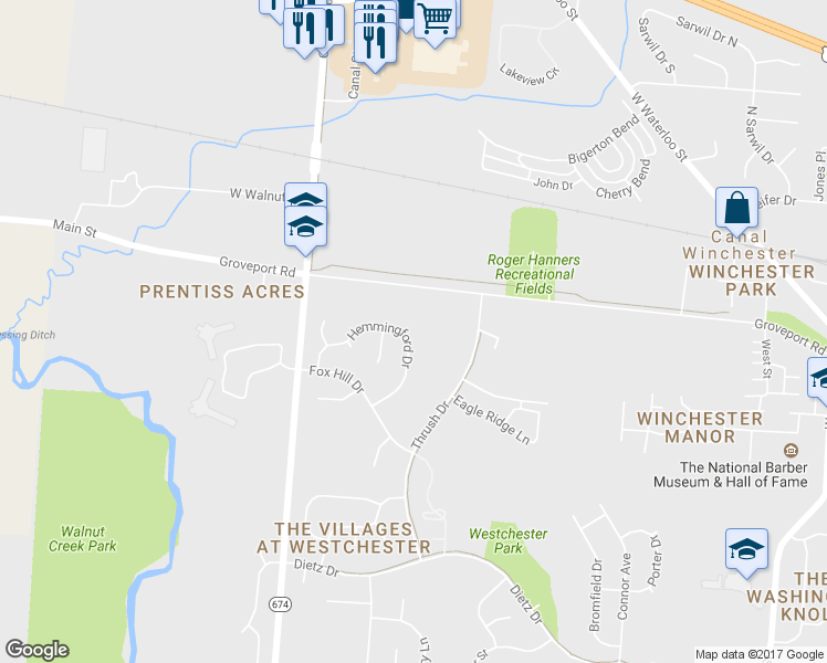 map of restaurants, bars, coffee shops, grocery stores, and more near 6534 Hemmingford Drive in Canal Winchester
