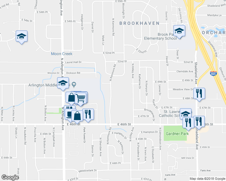 map of restaurants, bars, coffee shops, grocery stores, and more near 4905 North Kenmore Road in Indianapolis