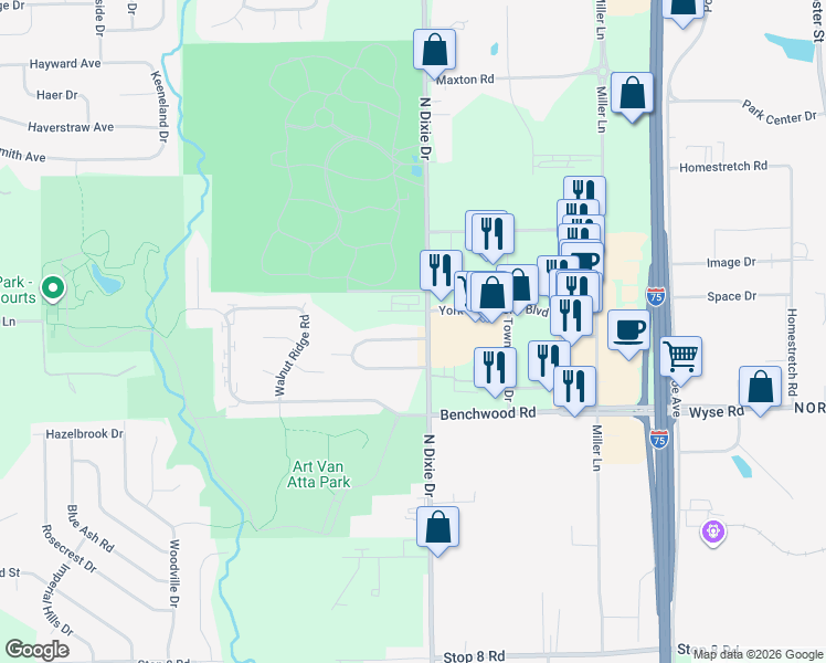 map of restaurants, bars, coffee shops, grocery stores, and more near 1933 North Sunny Ridge Road in Dayton