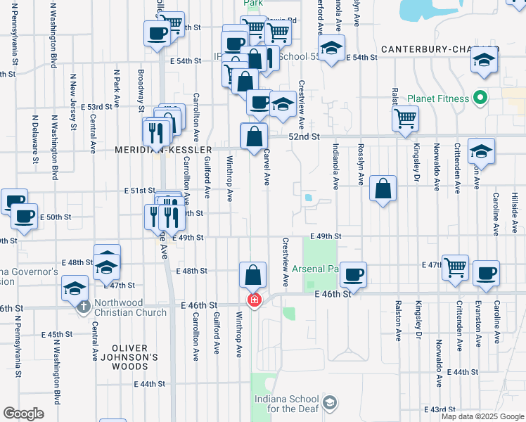 map of restaurants, bars, coffee shops, grocery stores, and more near 5007 Carvel Avenue in Indianapolis