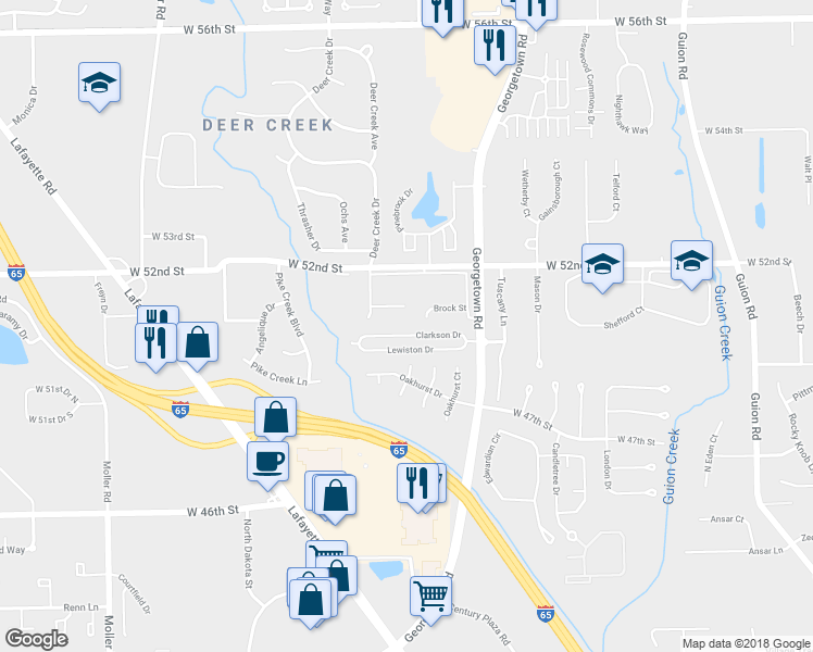 map of restaurants, bars, coffee shops, grocery stores, and more near 5004 Clarkson Drive in Indianapolis