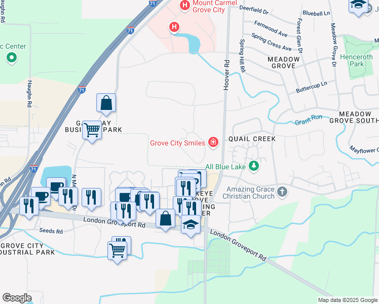 map of restaurants, bars, coffee shops, grocery stores, and more near 2604 Secretariat Boulevard in Grove City