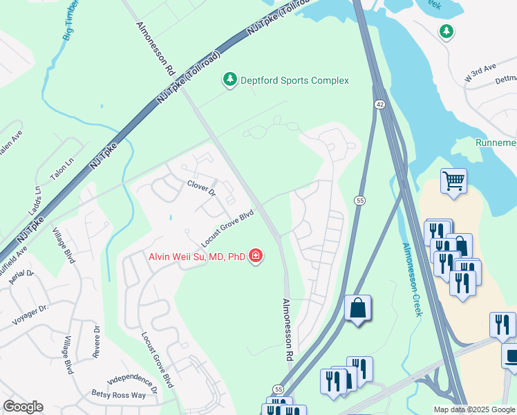 map of restaurants, bars, coffee shops, grocery stores, and more near Almonesson Road & Locust Grove Boulevard in Woodbury