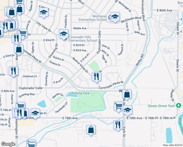 map of restaurants, bars, coffee shops, grocery stores, and more near 1875 Nueva Vista Drive in Denver