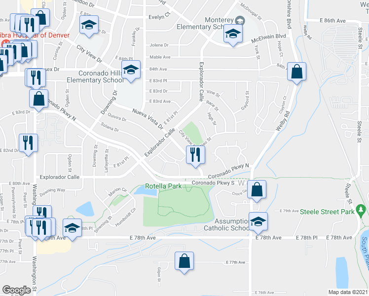 map of restaurants, bars, coffee shops, grocery stores, and more near 1875 Nueva Vista Drive in Denver