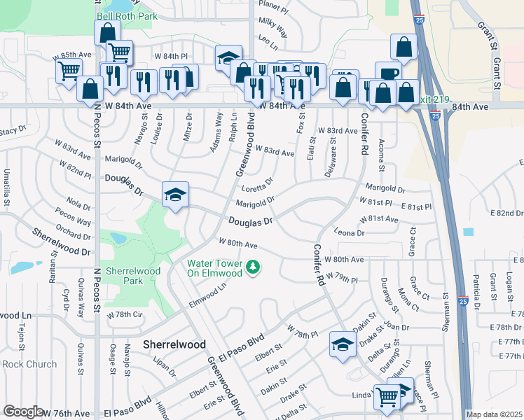 map of restaurants, bars, coffee shops, grocery stores, and more near 700 Marigold Drive in Denver