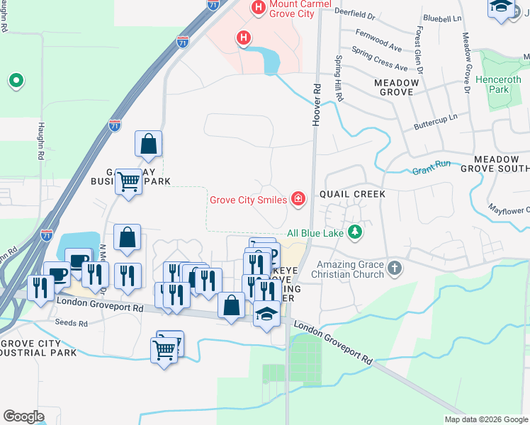 map of restaurants, bars, coffee shops, grocery stores, and more near 5898 Pineville Drive in Grove City