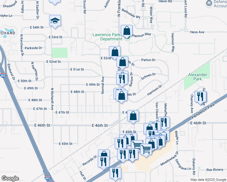 map of restaurants, bars, coffee shops, grocery stores, and more near 7949 East 49th Street in Indianapolis