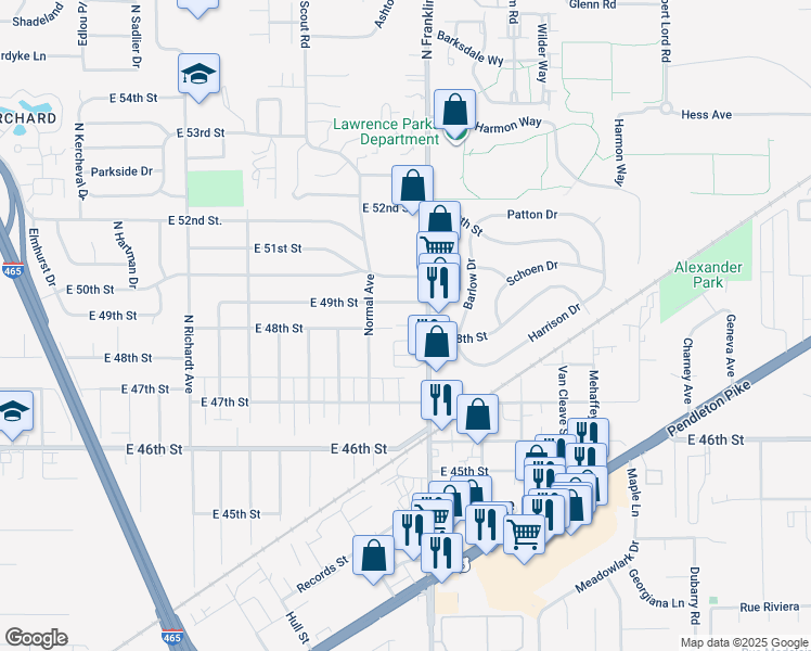 map of restaurants, bars, coffee shops, grocery stores, and more near 7949 East 49th Street in Indianapolis