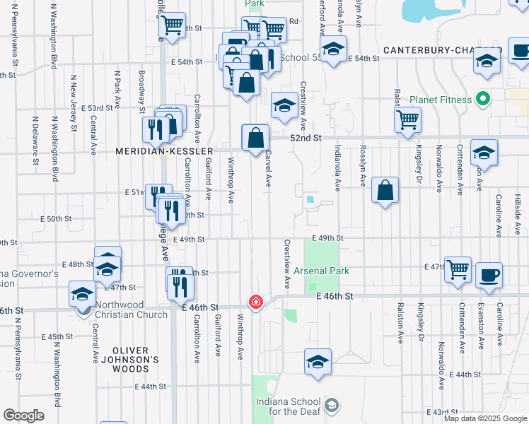 map of restaurants, bars, coffee shops, grocery stores, and more near 5007 Carvel Avenue in Indianapolis