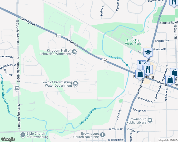 map of restaurants, bars, coffee shops, grocery stores, and more near 444 Johnson Lane in Brownsburg
