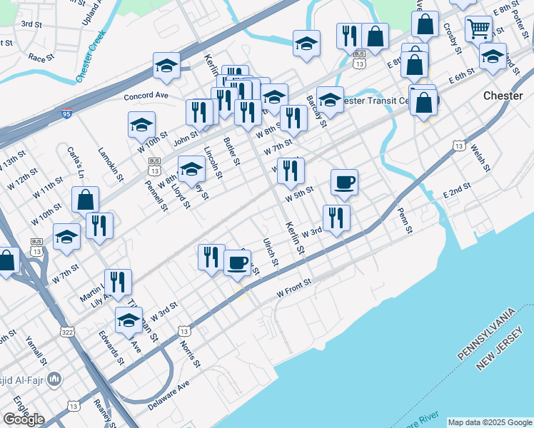 map of restaurants, bars, coffee shops, grocery stores, and more near 721-723 West 5th Street in Chester