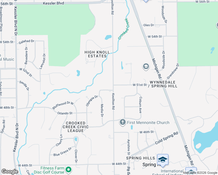 map of restaurants, bars, coffee shops, grocery stores, and more near 5100 Knollton Road in Indianapolis