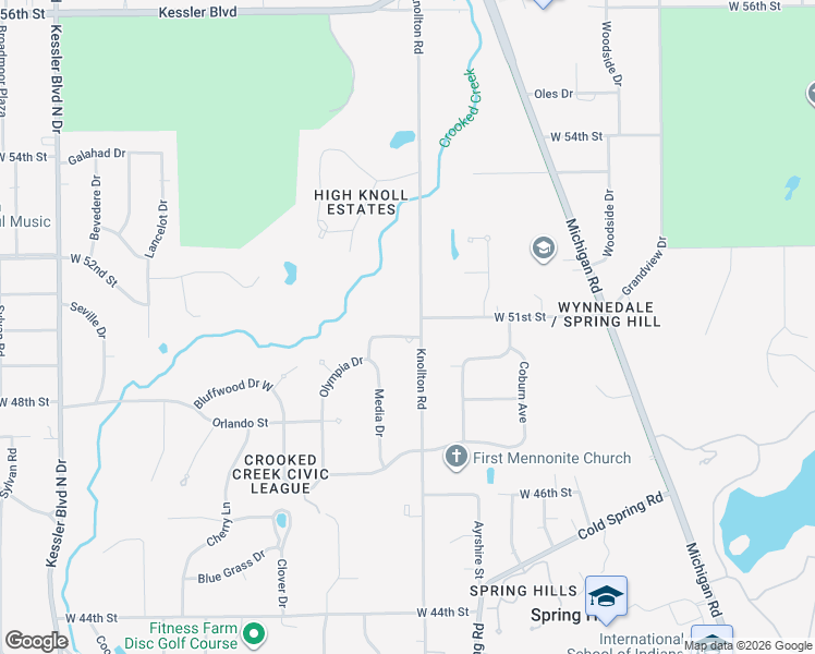 map of restaurants, bars, coffee shops, grocery stores, and more near 5100 Knollton Road in Indianapolis
