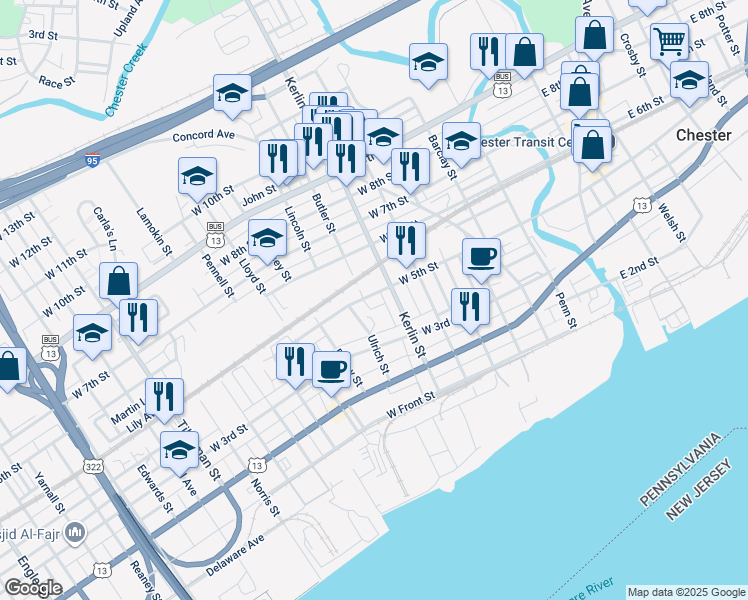 map of restaurants, bars, coffee shops, grocery stores, and more near 721-723 West 5th Street in Chester
