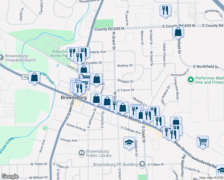map of restaurants, bars, coffee shops, grocery stores, and more near 112 North Grant Street in Brownsburg