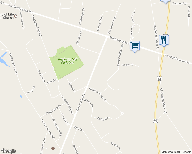 map of restaurants, bars, coffee shops, grocery stores, and more near 232 Oakshade Road in Tabernacle