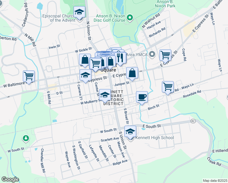 map of restaurants, bars, coffee shops, grocery stores, and more near 323 South Union Street in Kennett Square