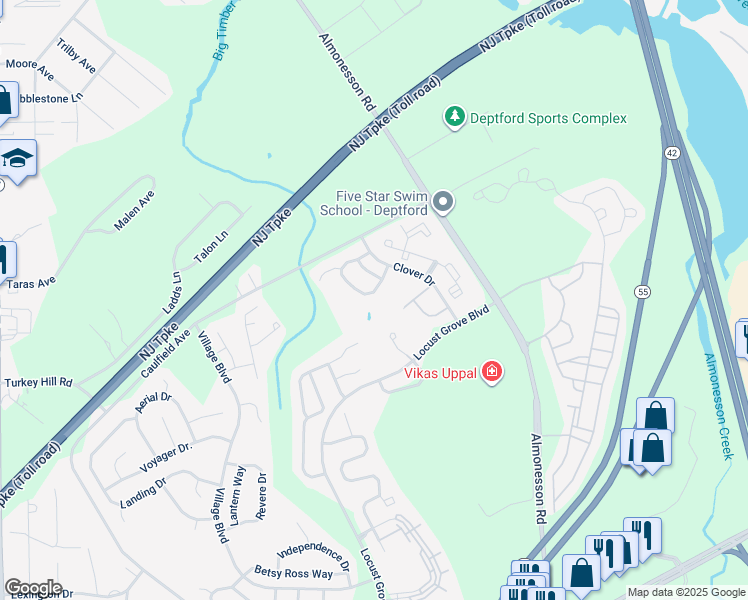 map of restaurants, bars, coffee shops, grocery stores, and more near 162 Liberty Way in Deptford