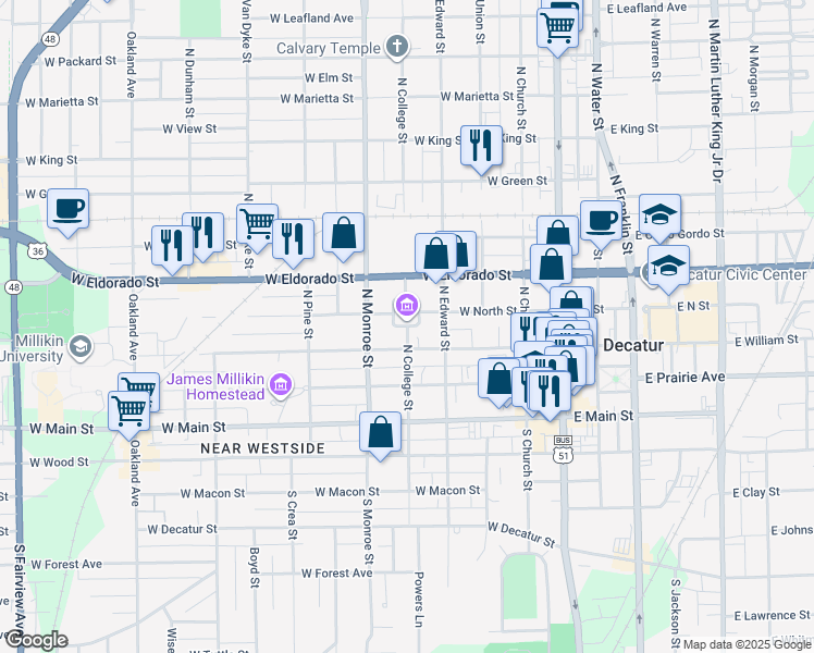 map of restaurants, bars, coffee shops, grocery stores, and more near 501 West North Street in Decatur