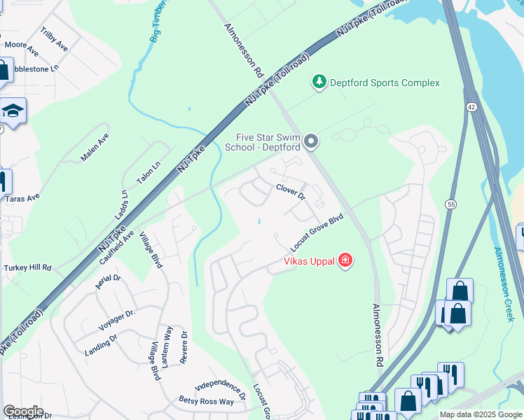 map of restaurants, bars, coffee shops, grocery stores, and more near 162 Liberty Way in Deptford