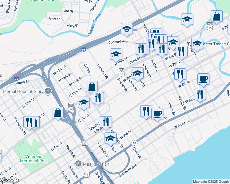 map of restaurants, bars, coffee shops, grocery stores, and more near 712 Lamokin Street in Chester