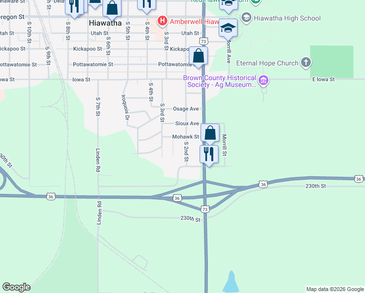 map of restaurants, bars, coffee shops, grocery stores, and more near 904 South 2nd Street in Hiawatha