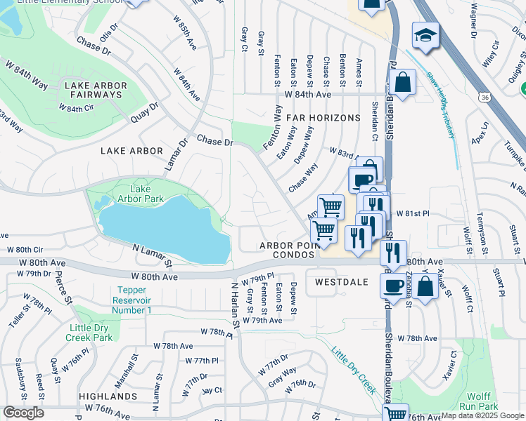 map of restaurants, bars, coffee shops, grocery stores, and more near 5786 West 81st Place in Arvada