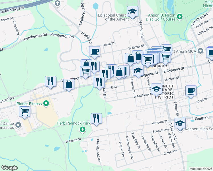 map of restaurants, bars, coffee shops, grocery stores, and more near 200 South Mill Road in Kennett Square