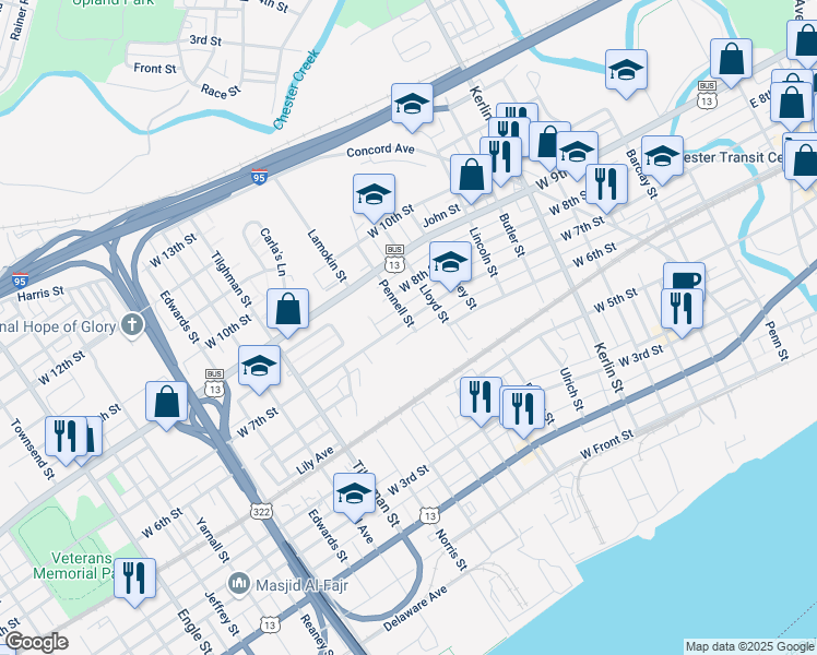 map of restaurants, bars, coffee shops, grocery stores, and more near 1203 West 7th Street in Chester