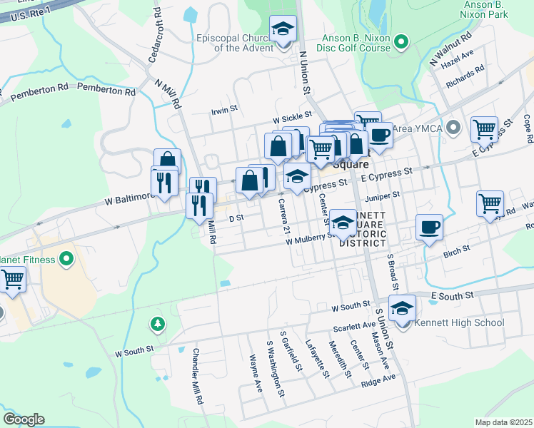 map of restaurants, bars, coffee shops, grocery stores, and more near 215 South Garfield Street in Kennett Square
