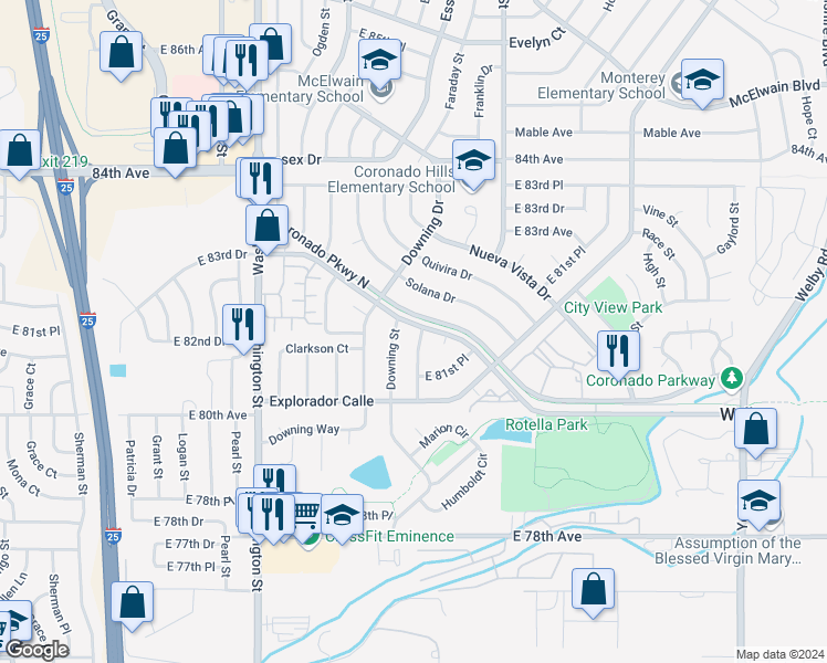 map of restaurants, bars, coffee shops, grocery stores, and more near 1288 Coronado Parkway North in Denver