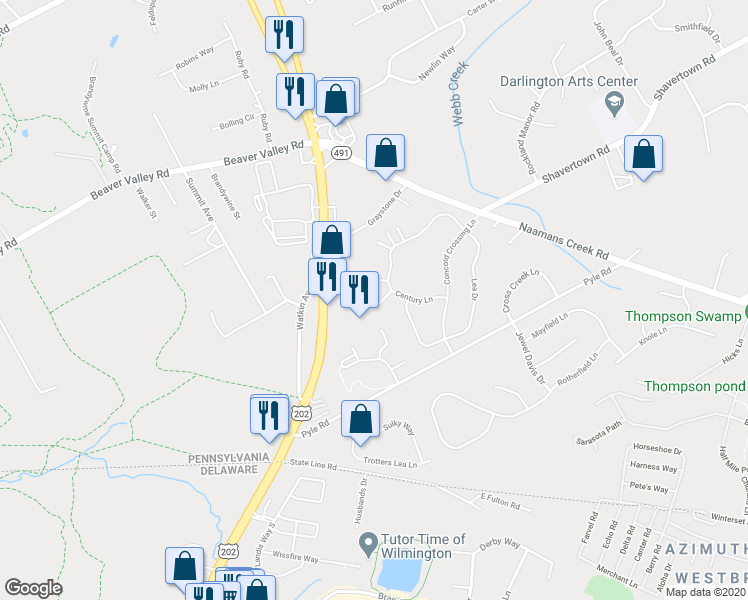 map of restaurants, bars, coffee shops, grocery stores, and more near 2401 Century Lane in Chadds Ford