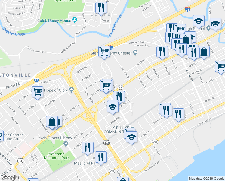 map of restaurants, bars, coffee shops, grocery stores, and more near 1412 West 9th Street in Chester
