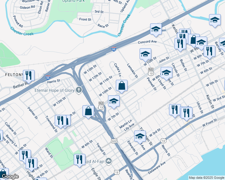 map of restaurants, bars, coffee shops, grocery stores, and more near 904 Tilghman Street in Chester