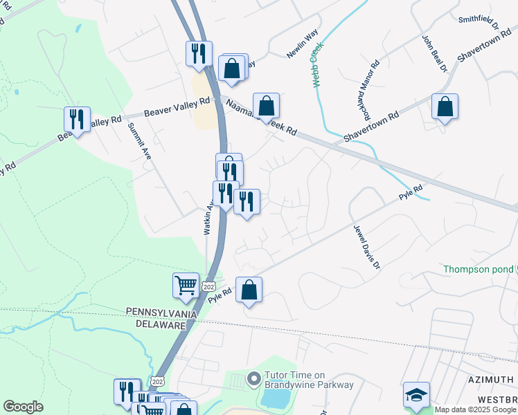 map of restaurants, bars, coffee shops, grocery stores, and more near 2401 Century Lane in Chadds Ford